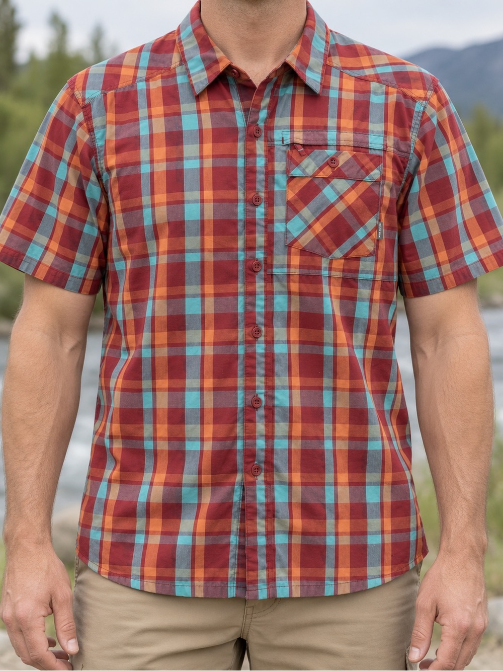 Simms Men’s Medium Plaid Short Sleeve Button-Up Shirt Red Orange Teal